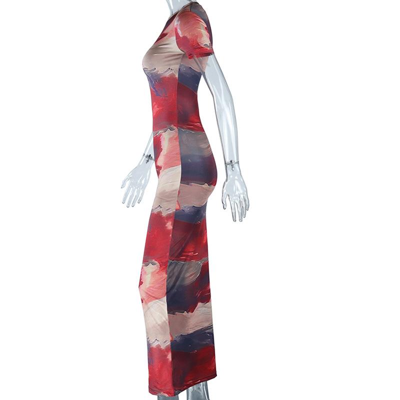 European and American Style Fashionable Printed Round Neck Pullover Short Sleeved Skirt with Hip Wrap, Elegant Casual Dress