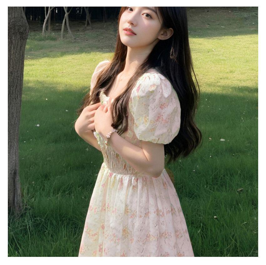 Elegant French Floral Bubble Sleeve Summer Dress