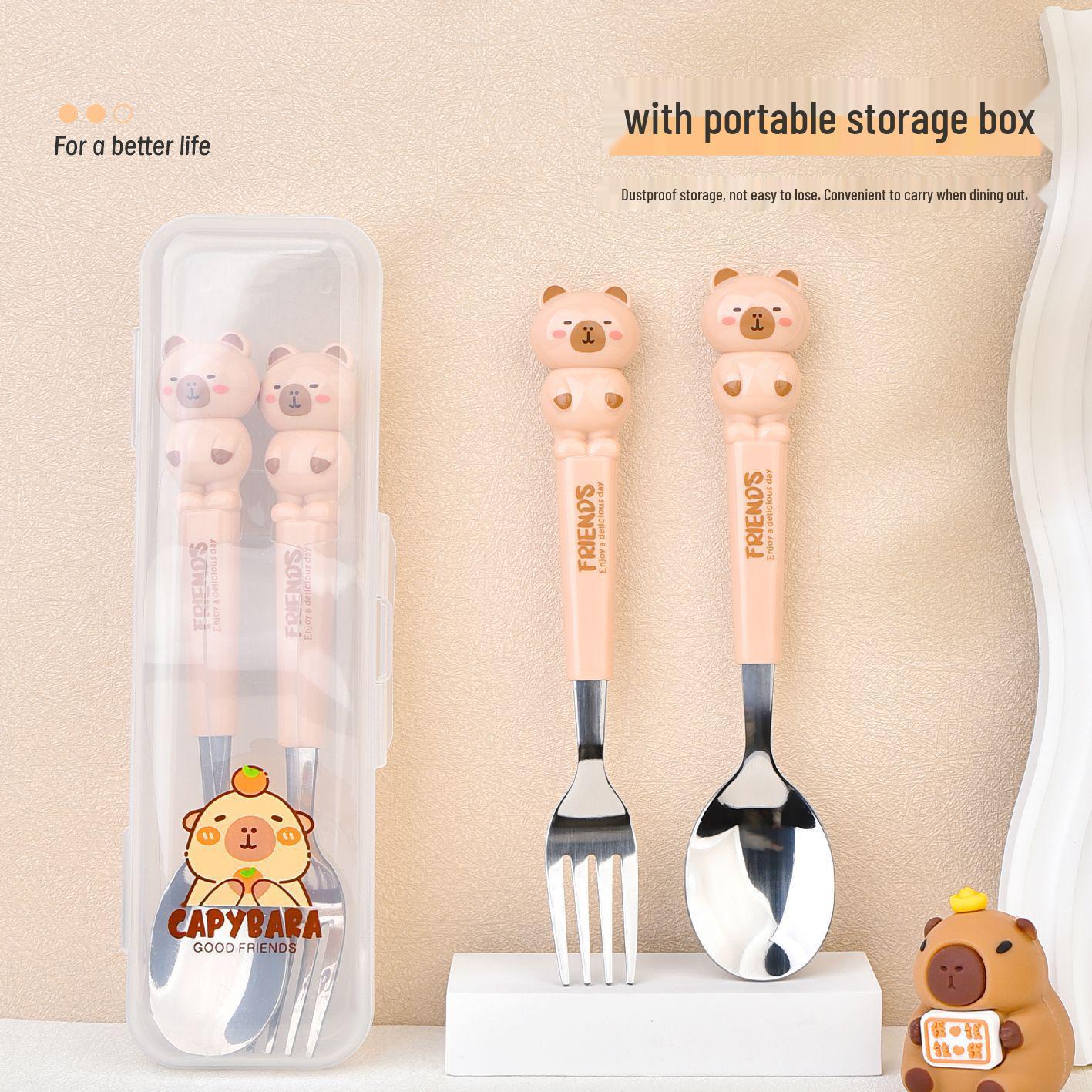 

Leather Handle Stainless Steel Cutlery Set: Pointed Round Soup Spoon & Fork for Adults and Children