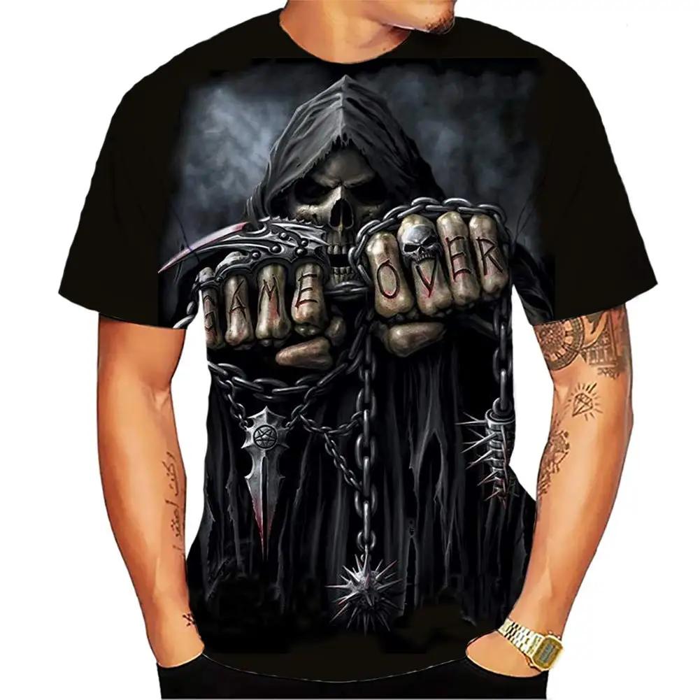 Summer Round Neck 3D Grim Reaper Skull Graphic Print Top Fashionable Casual Short Sleeved Men's T-shirts