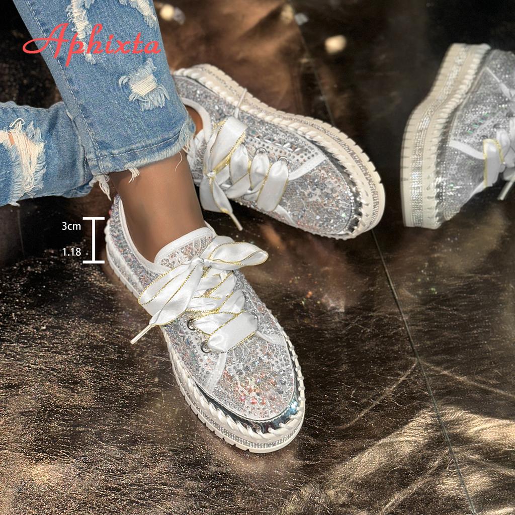 Fashion Aphixta Flat With Women Loafers Bling Crystal Flats Lace Up Design Casual Shoes Silver 3cm Heels Luxury Size 44 Ladies Shoes