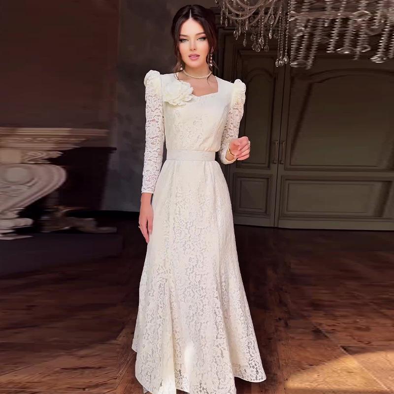 2024 Autumn European & American Women's Elegant Lace Splicing Long Dress