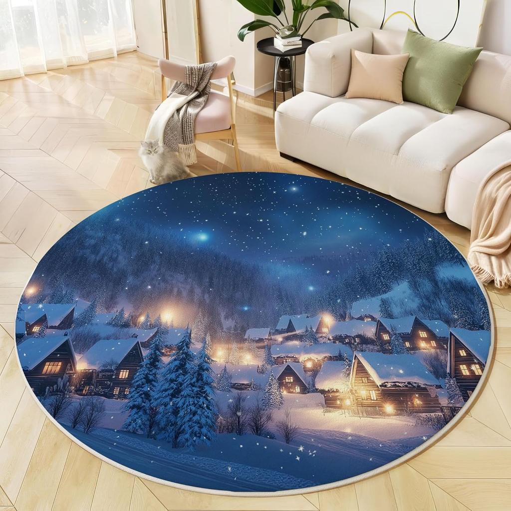 3D Schneebedeckte Farm Runder Teppich Rote Scheune Kiefern Schneebedeckter Boden Höhlendesign Matte Winter Landhaus Innen Heimdekor Teppich für Wohnzimmer