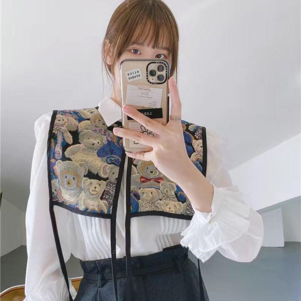 Random Pattern Fake Collar Capelet Floral Printed Lace Up Waistcoat Women Embroidered Vest Girls