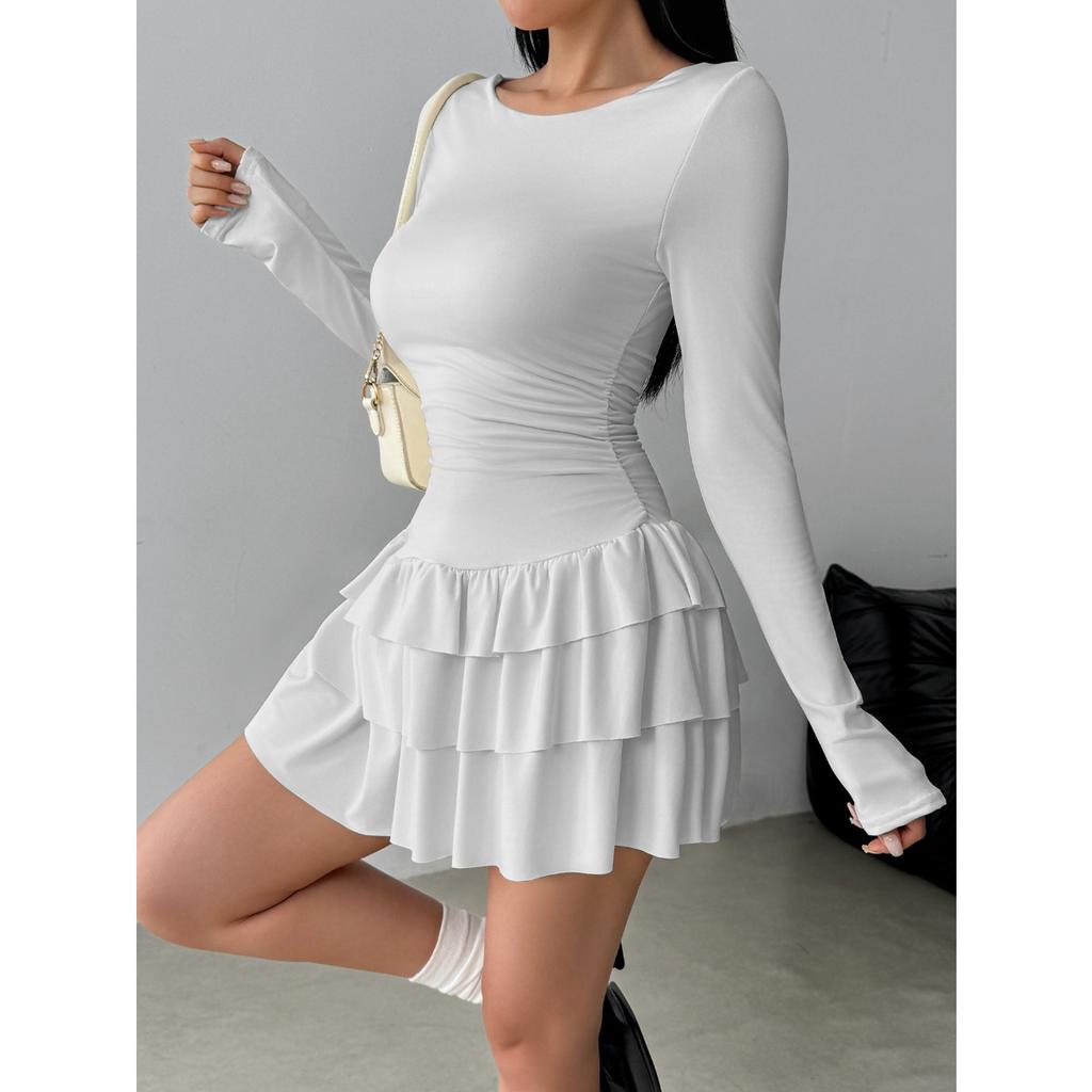 Women's Round Neck Long Sleeve Slim Fit Layered Ruffle Mini Dress Casual Fall Party Dress