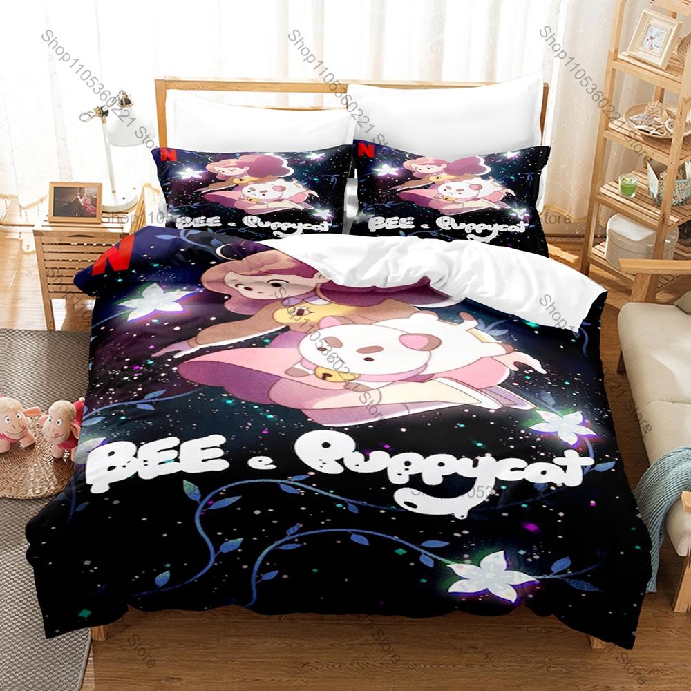 Coole skurrile Cartoon-Biene und Puppycat Charakter-Print Bettbezug + 2 Kissenbezüge Weiche Mikrofaser Kawaii Zimmer Bettwäsche