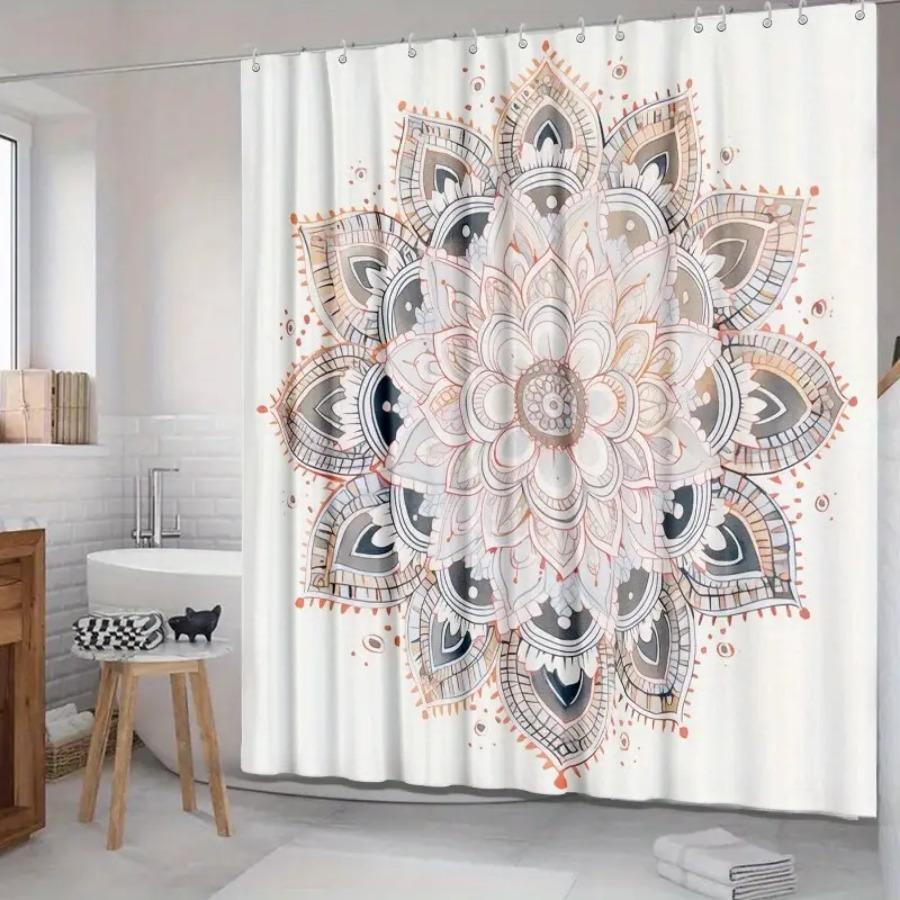 "1pc Mandala Design Bath Curtain - Soft Abstract Petal Patterns, Waterproof Polyester, Machine Washable, Includes Hooks