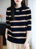 100% Pure Wool Women's Striped Color Block Lapel Knit T-shirt, Loose Five-Sleeve Base Layer Sweater
