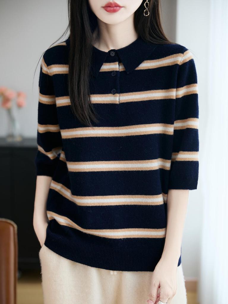 100% Pure Wool Women's Striped Color Block Lapel Knit T-shirt, Loose Five-Sleeve Base Layer Sweater
