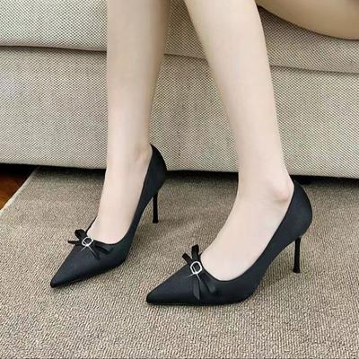 Autumn New Thin Heel Single Shoes Women's Fashion Pointy Butterfly Knot Anti-slip Wear-resistant Slip-on High Heels