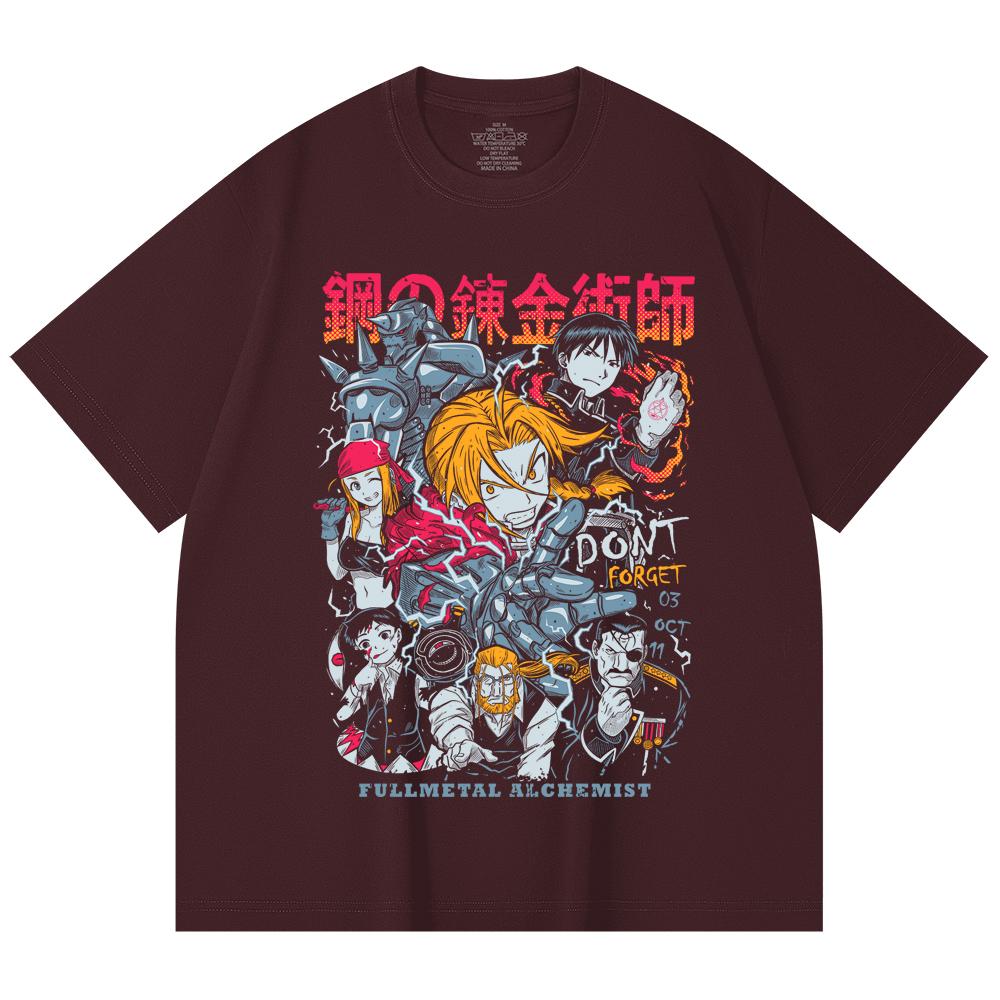 

230 Gsm 100% Cotton Fullmetal Alchemist V1 Print Unisex Heavy Cotton T Shirt 2XL вина червоного кольору