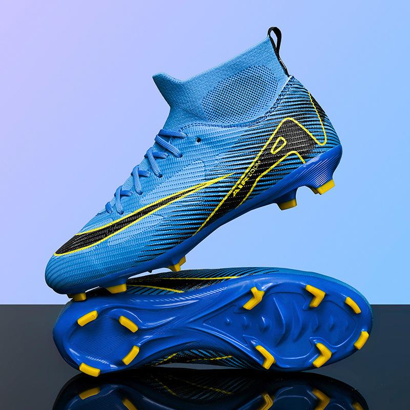 New High-top Student Football Shoes, Fly-woven Socks, Artificial Flat AG Nail Leather Foot Training Shoes for Men and Women