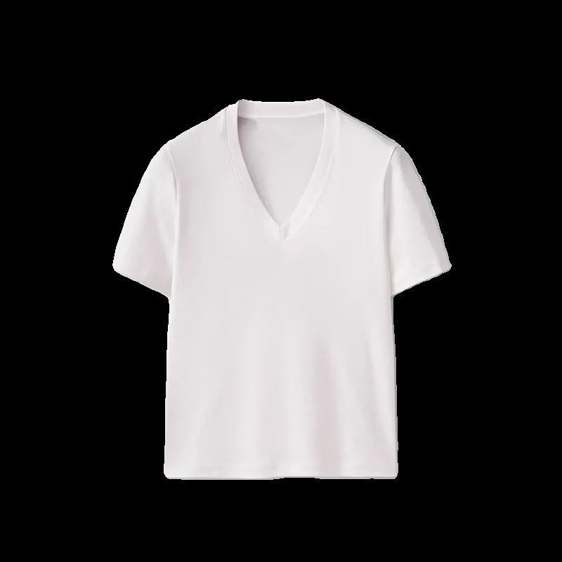 

Испанское лето Новое Минималистичное Классическое Клетчатое Чистый Хлопок Белый V-образный вырез С коротким рукавом Топы-майки Тяжелая футболка для женщин White S