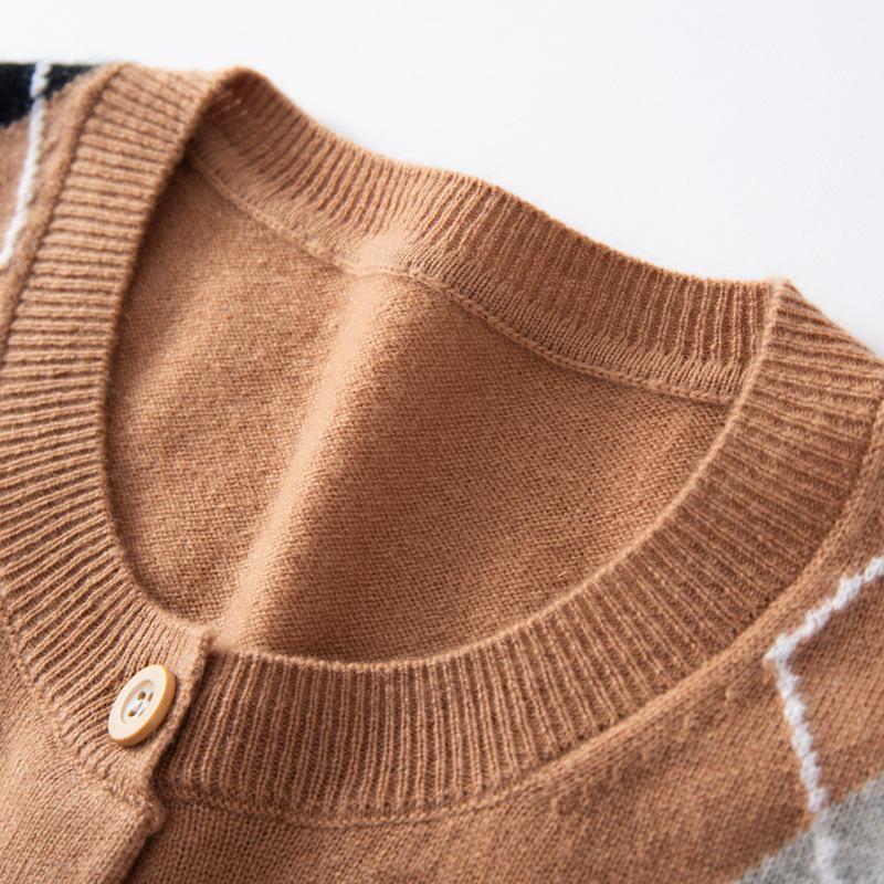 Cardigan Pull en Tricot Losanges Géométriques Color Block 100% Cachemire pour Femme