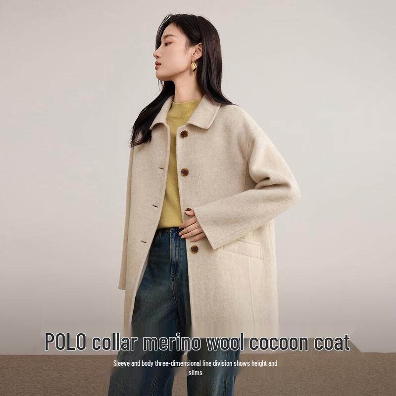 

Women s Wool Blend Polo Collar Double-Faced Mid-Length Coat M