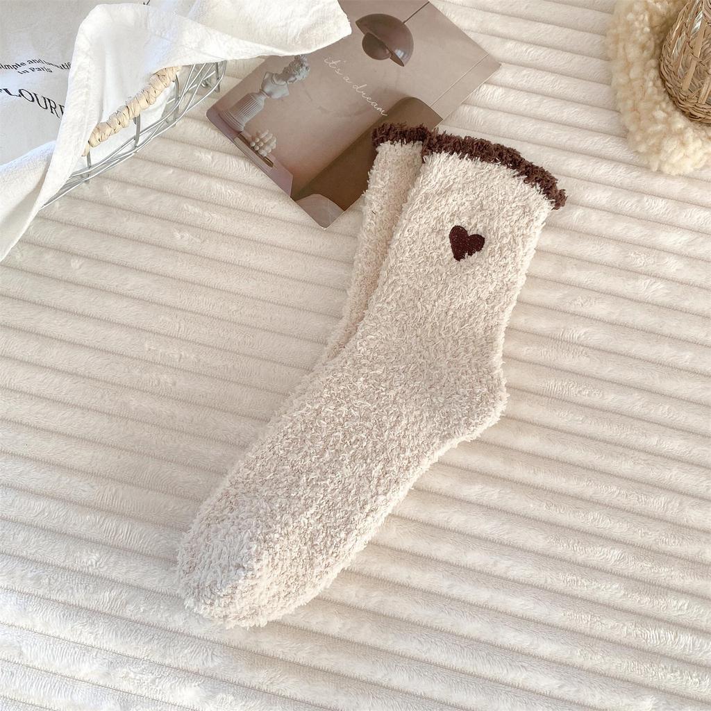 Women's Embroidered Heart Coral Fleece Sleep Socks – Non-Shedding Floor Socks