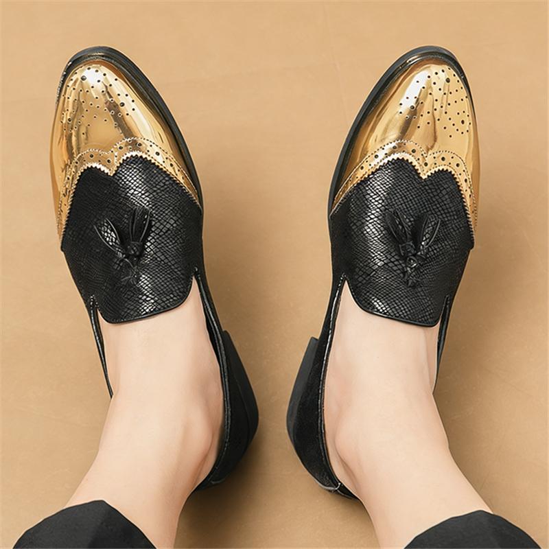 Designer Britain Gentleman Tassels Pointed Patent Leather Shoes Men Black Gold Mix Formal Wedding Prom Dress Homecoming Footwear