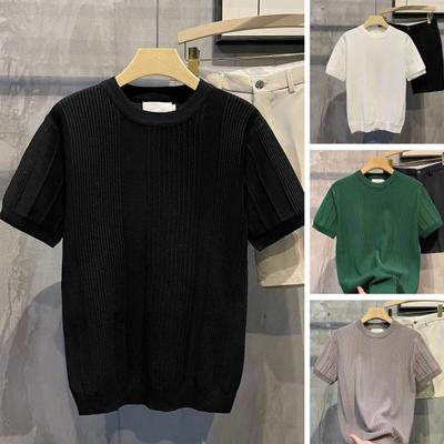 Summer Bottoming T-shirt Knitted Striped Short Sleeves Stretchy Solid Color Round Neck Daily Top Pullover Exercise Gym Tee