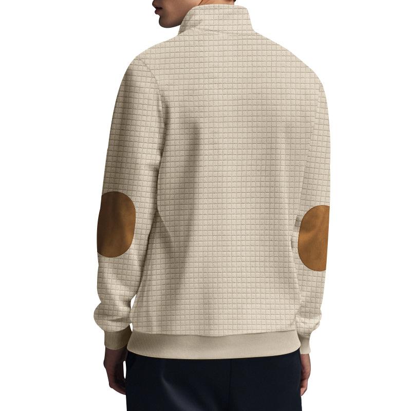 Fashionable Men's Casual Sweatshirt with Jacquard Small Check Embroidered Patchwork Stand Collar Loose-Fit Top