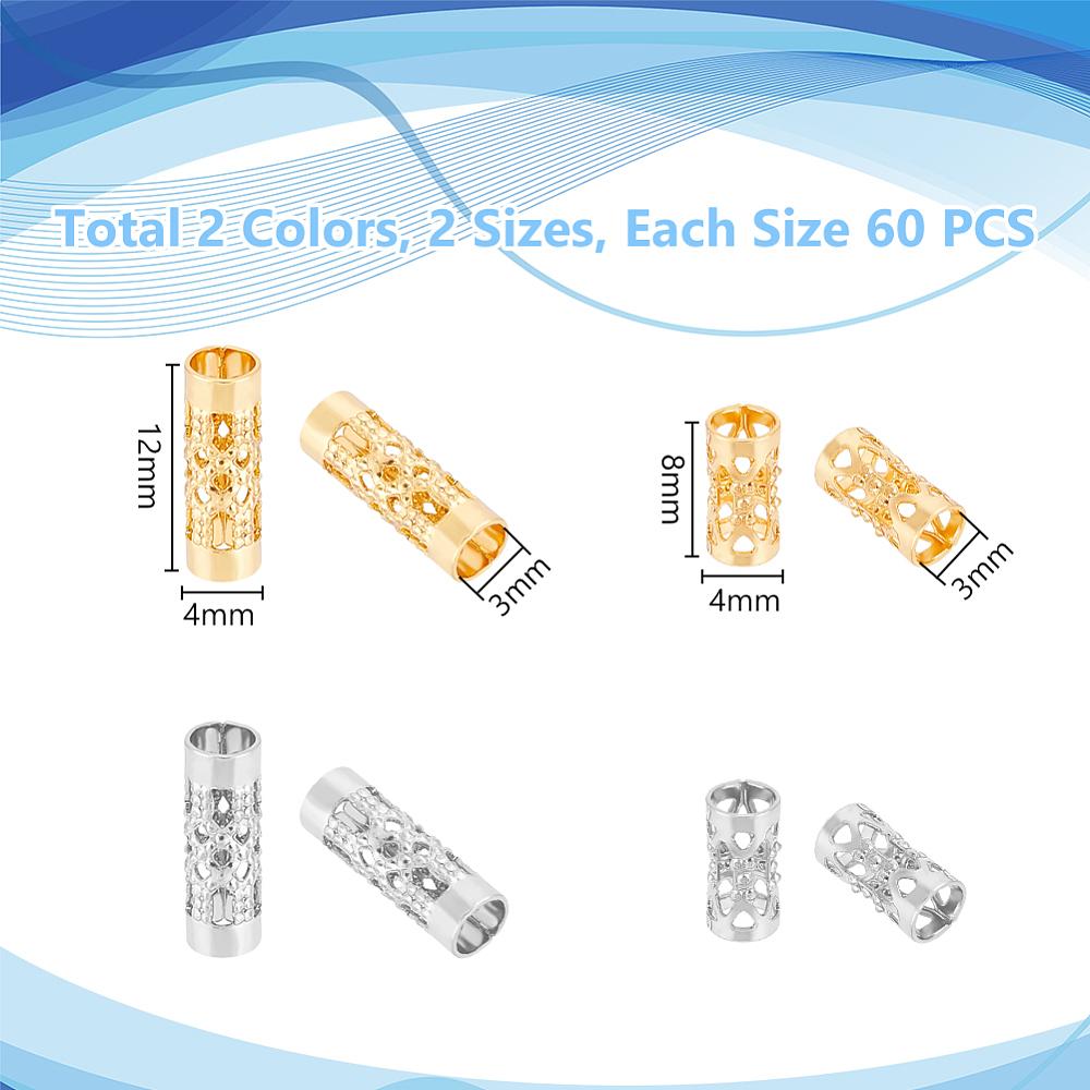 120Pcs 4 Style Stainless Steel Hollow Tube Beads, Column, Mixed Color, 8~12x4mm, Hole: 3mm, 30pcs/style
