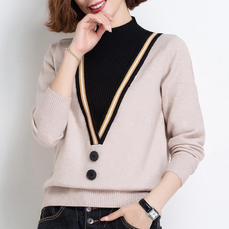 Women Autumn Winter Fashion Pullovers Long Sleeve Half Turtleneck Splicing Fake Two Contrasting Colors Loose Vintage Sweaters