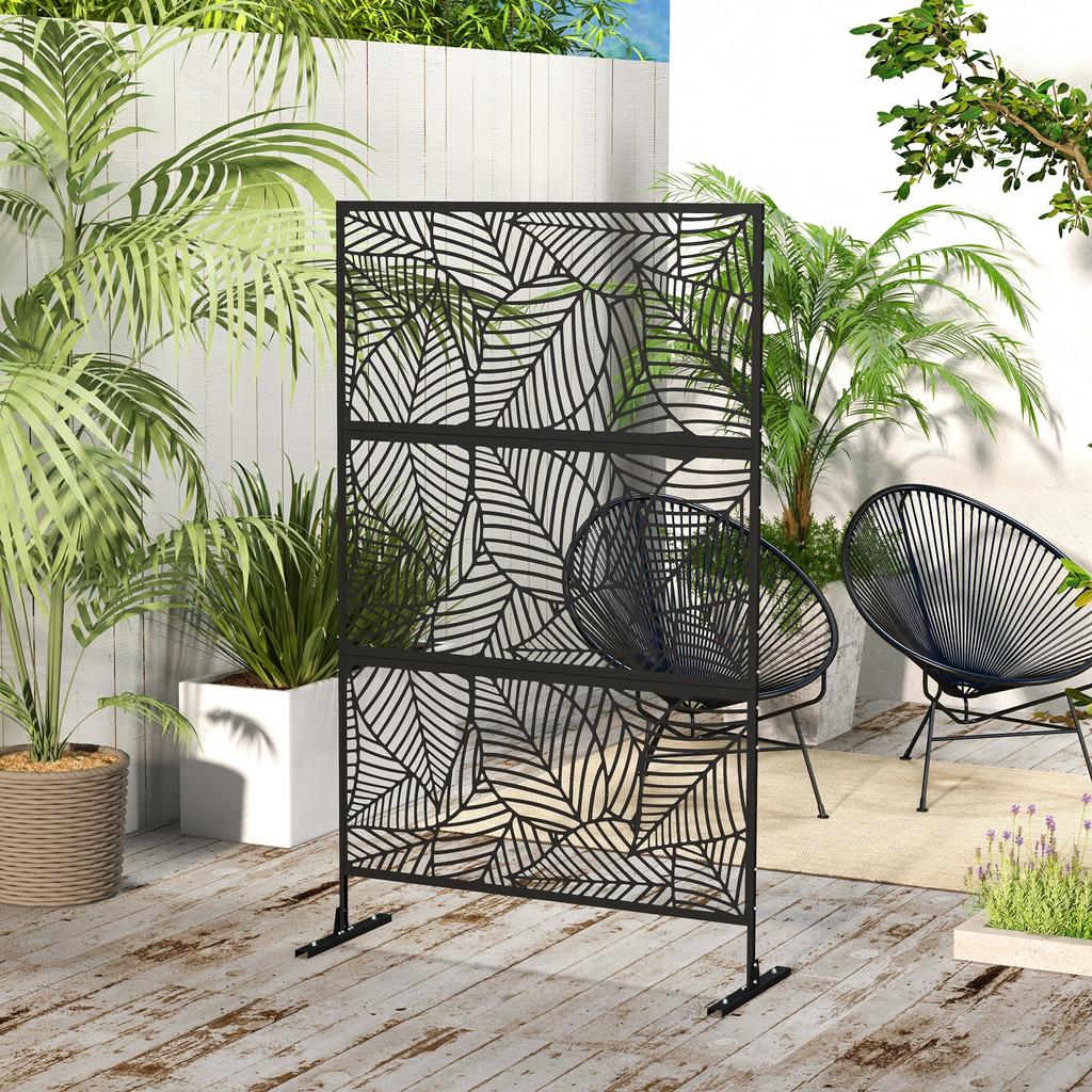 Decorative Privacy Screen Panel Outdoor Screen Black with Plant Motif in Metal - 122 x 45 x 198 cm, Black