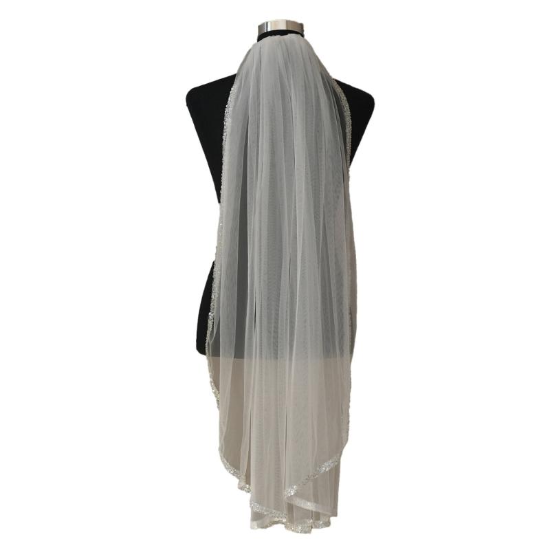 Delicate Beaded Edge Single Layer Bridal Veils Pearls Crystals Wedding Headpiece for Extended Ceremonies