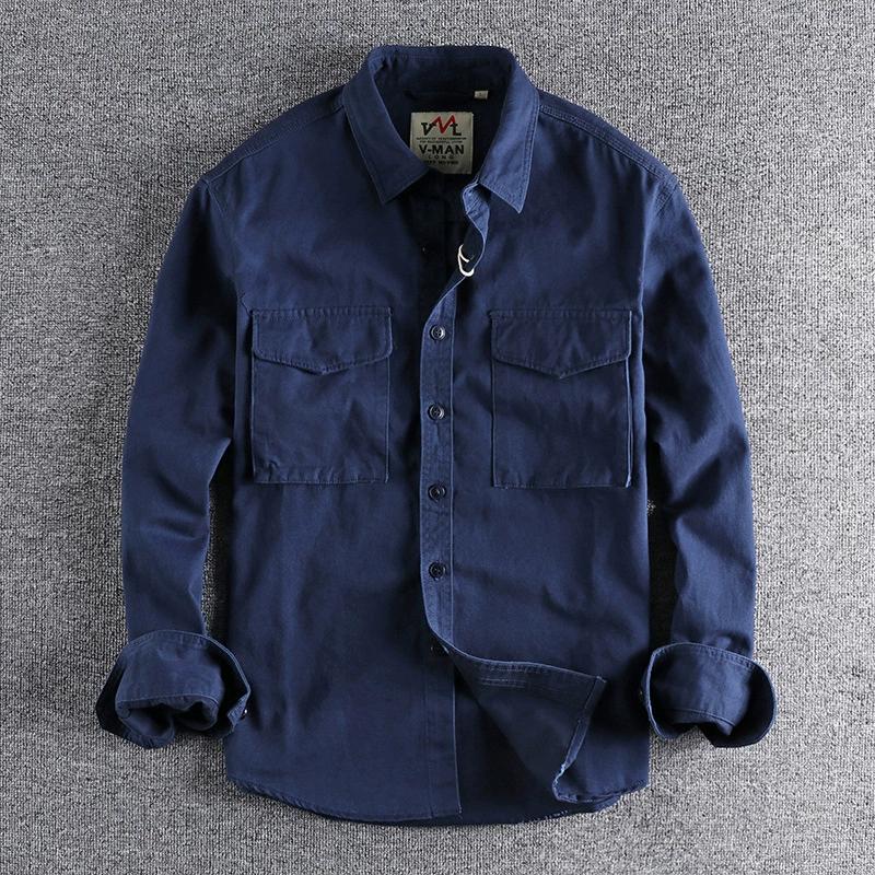 Autumn Vintage Washed Solid Color Workwear Shirt with Men's Three-dimensional Pockets, Trendy Loose Jacket