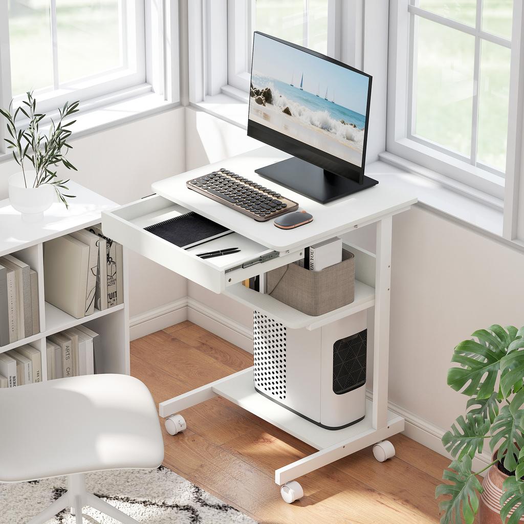 Rolling Desk with Drawer and Shelves, 4 Wheels, Compact, Chipboard, Metal