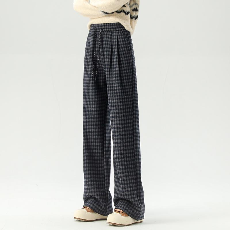 Zhengzhou Women's High Waist Retro Plaid Pants: Autumn/Winter Loose Slim Fit, Straight/Wide Leg, Fleece 2697.