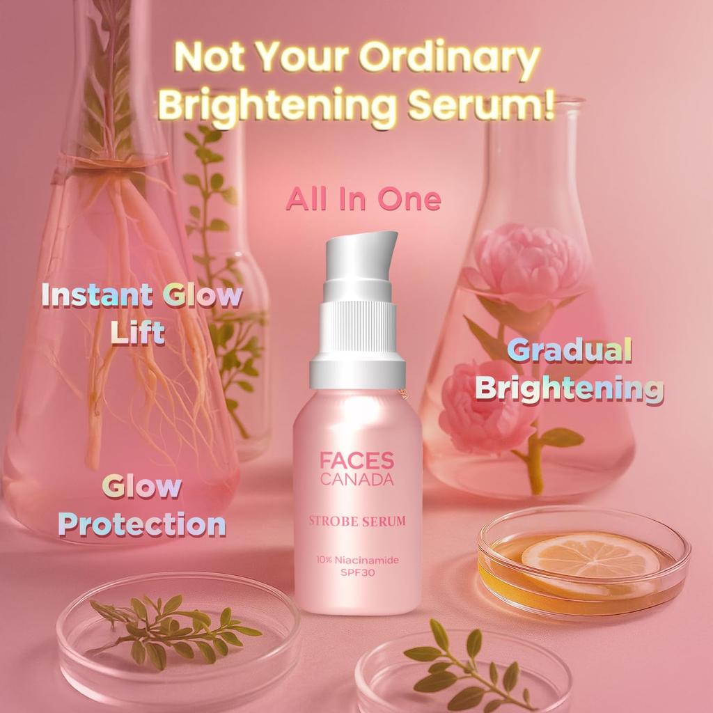 FACES CANADA Strobe Serum Mini - 15ml | Brightening Serum + Strobe Cream + SPF 30 Sunscreen | 10% Niacinamide | Removes Dark Spots & Hyperpigment