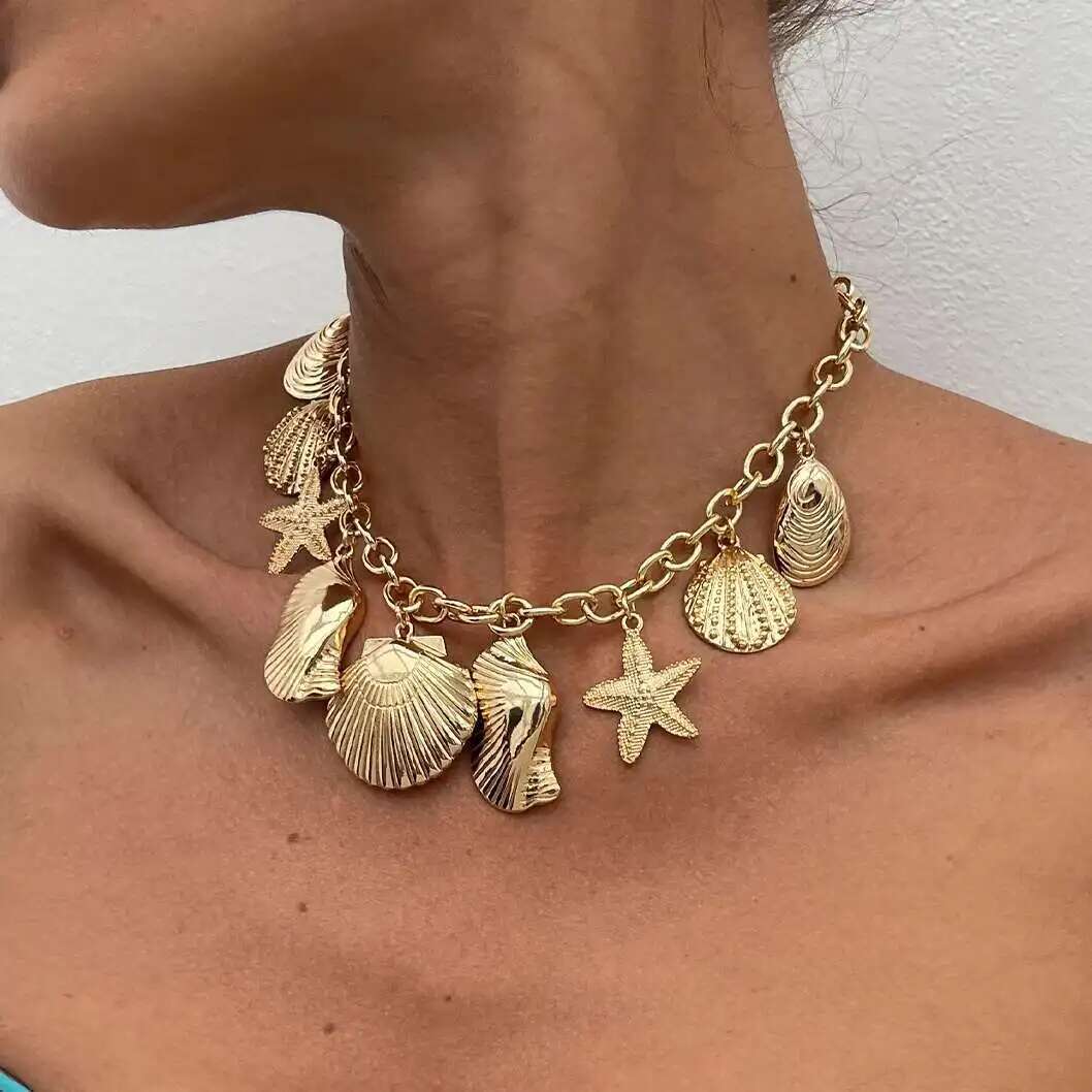 

SHIXIN Boho Metal Starfish Scallop Conch Pendant Necklace For Women Ocean Style Choker Summer Beach Party Jewelry Collar on Neck