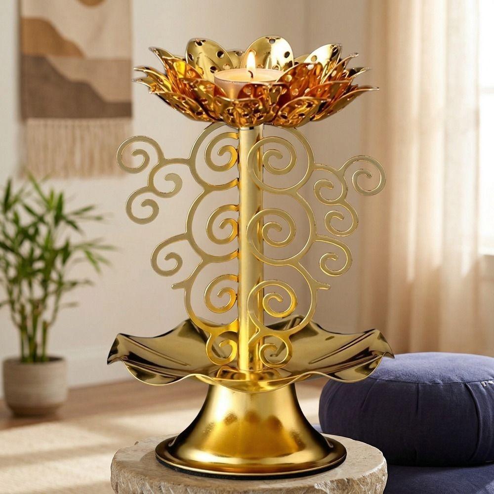 Zinc Zinc Alloy Lotus Candlestick Exquisite Gold Candle Holder Butter Lamp Holder  Table Centerpiece