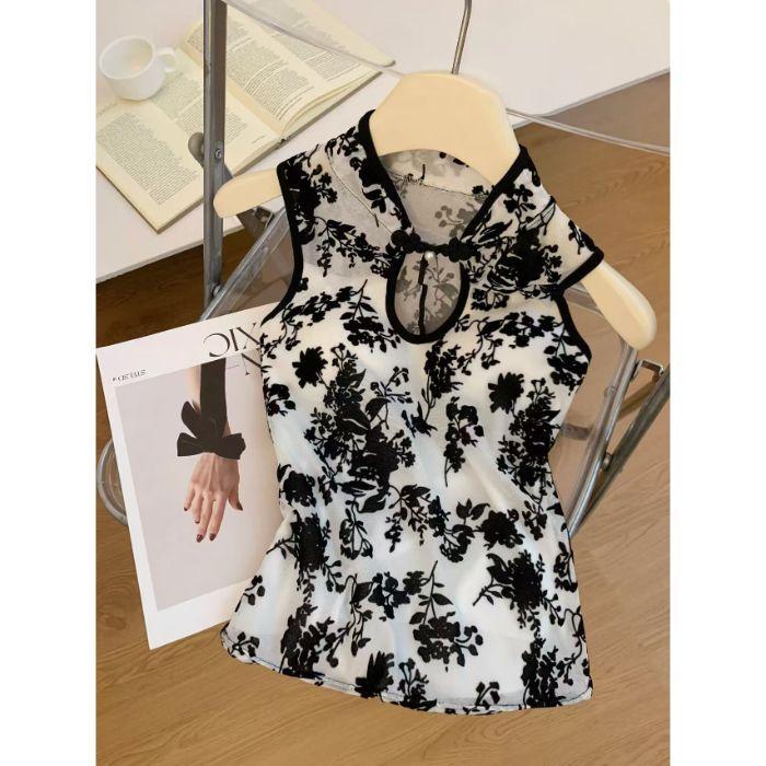 Summer New Chinese Lace Embroidered Hollow Stand-up Collar Neck Vest Women's Design Sense Slim and Thin Sleeveless Top