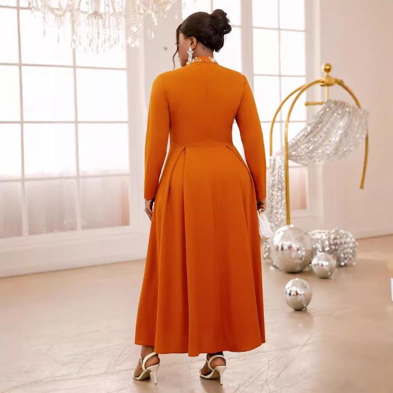 Women S High Waist Beaded Hollow Out Half Turtleneck Long Sleeve Dress