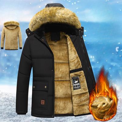 Men Winter Autumn Fur Collar Parka  Coat  Black Fleece Lined Thick Warm Hooded  Plush Jacket Men Size 5XL