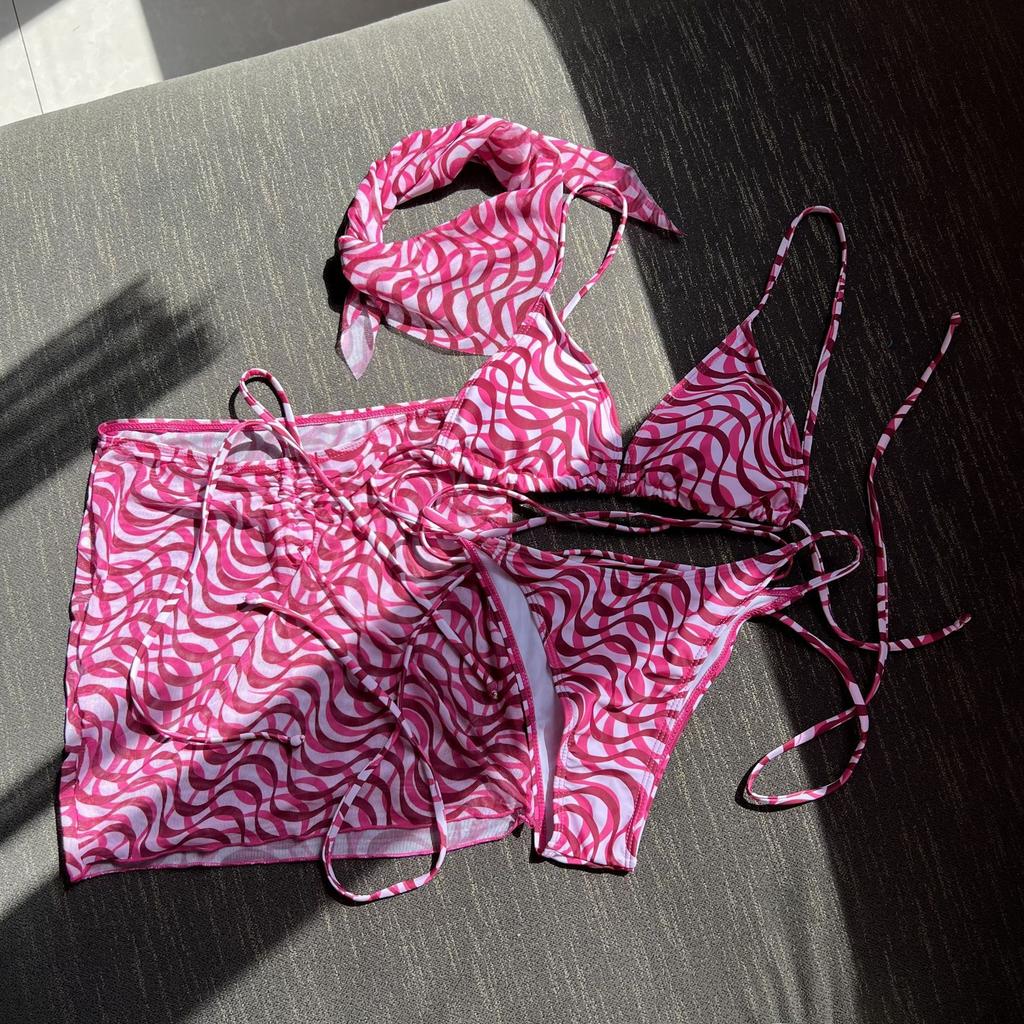 Striped Print Four Pieces Bikini Set Swimwear Women Swimsuit Female Bikini And Beach Skirt Bathing Suits Beachwear Swim