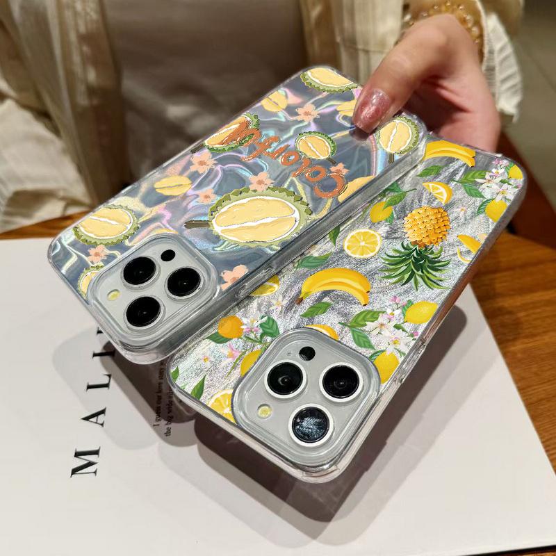 Banana Fruits Pattern Clear Soft Edge Slim Sparkling Phone Case For iPhone 16 Pro Max 15 Pro 14 13 12 11 Feather Glitter Shockproof Hard PC Back Cover