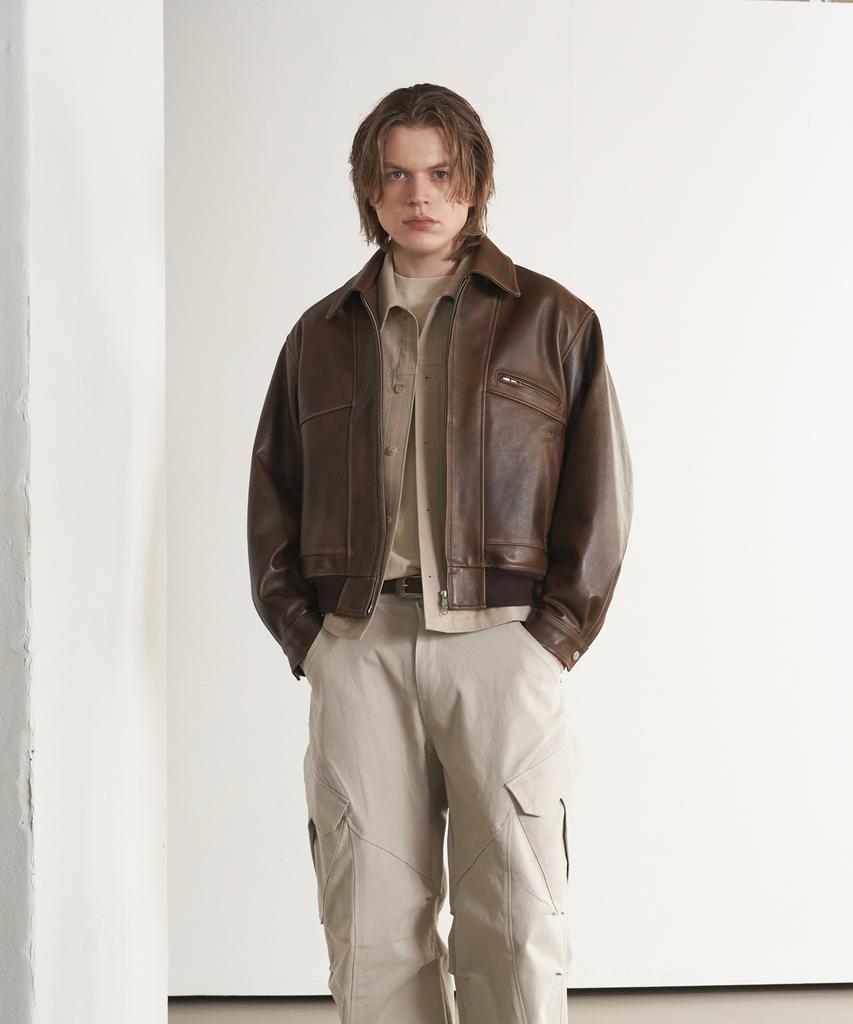 Sperone [Real Leather] Lambskin Washed Semi-Over Jacket (Brown)