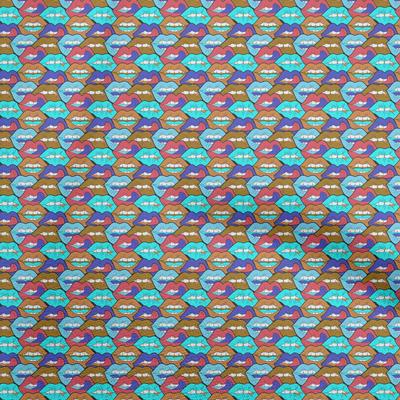 Baumwoll-Popeline Aqua Blau Stoff Farbe Bunte Lippen Quiltzubehör Druck Nähstoff Meterware 42 Zoll