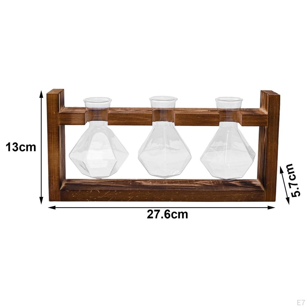 Glass Hydroponics Plant Propagating Station Desktop Vase Wooden Frame Diamond Shaped
