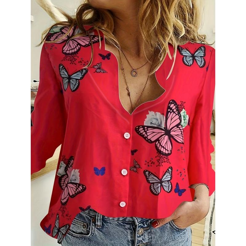 Fashion Retro Butterfly Group Print Long Sleeve Blouse Spring Spring Lapel Button Casual Blouse Ladies 5Xl Home Shirt
