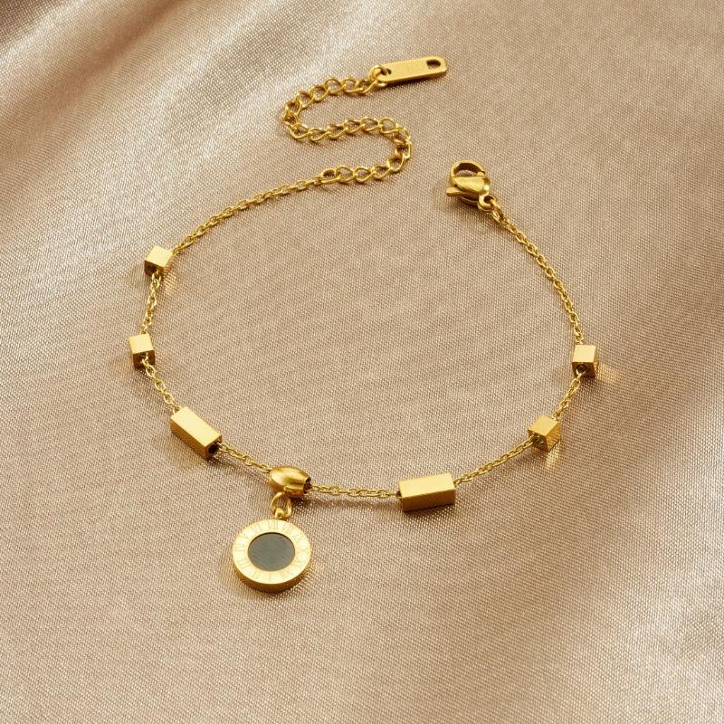 Gold Plated Stainless Steel Roman Numeral Pendant Bracelet for Women
