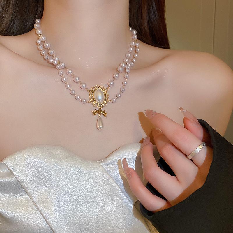 French Long Stacked Colored Pearl Necklace, Simple Temperament Collarbone Chain, Retro Necklace for Women