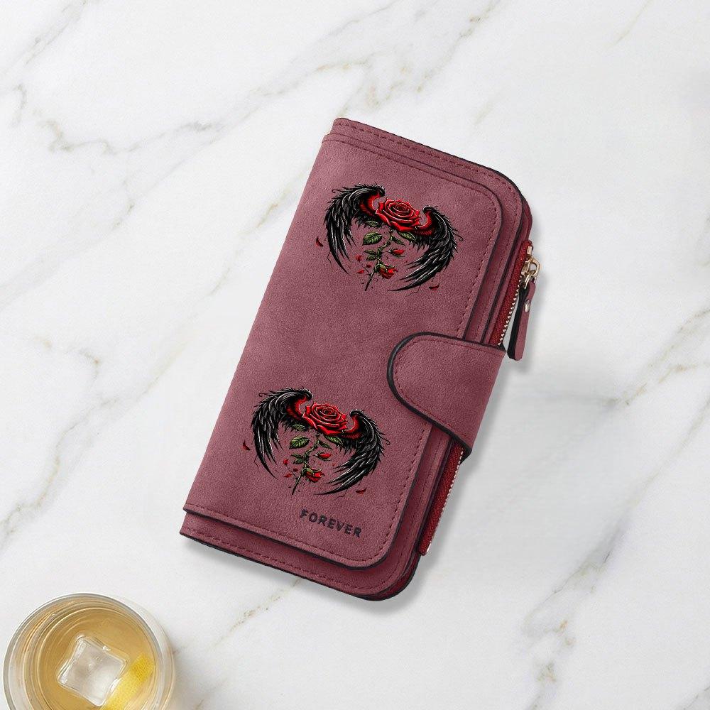 Black Wing Rose Tattoo Print Long Wallet Multifunctional Portable Snap Coin Purse Unisex Perfect Birthday Gift For Friends Family Daily Commute