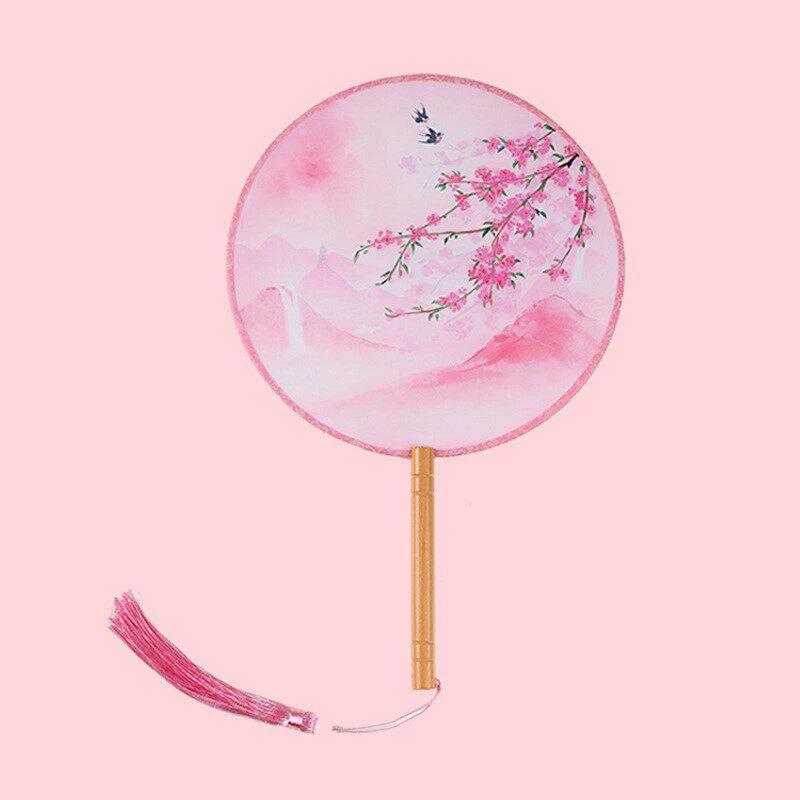 Double-Sided Classical Fan, Ancient Style Semi-Transparent Round Fan with Tassels, Women's Ancient Costume Hanfu Cheongsam Silk Fan