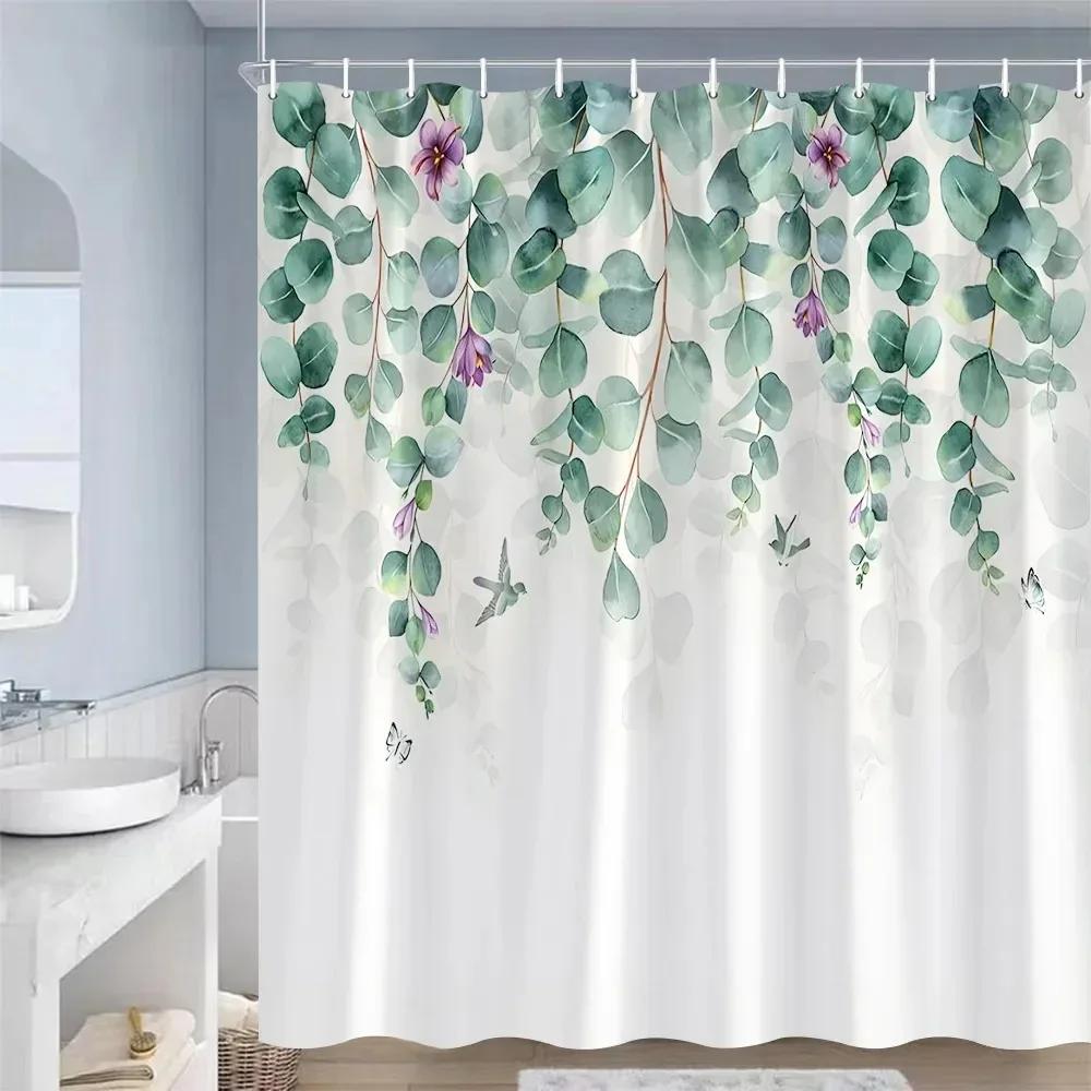 Rustieke Bloemen Douchegordijnen Vlinder Aquarel Bloemen Planten Paars Lavendel Badkamer Gordijn Polyester Decoratie Met Haken