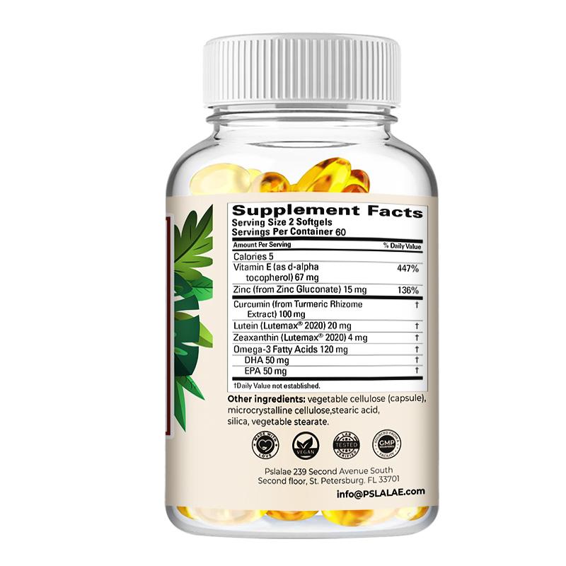 Pslalae Geavanceerde Oog- en Hersen Gezondheid Zachte Capsules bevatten luteïne, zeaxanthine en curcumine om het zicht te verbeteren.
