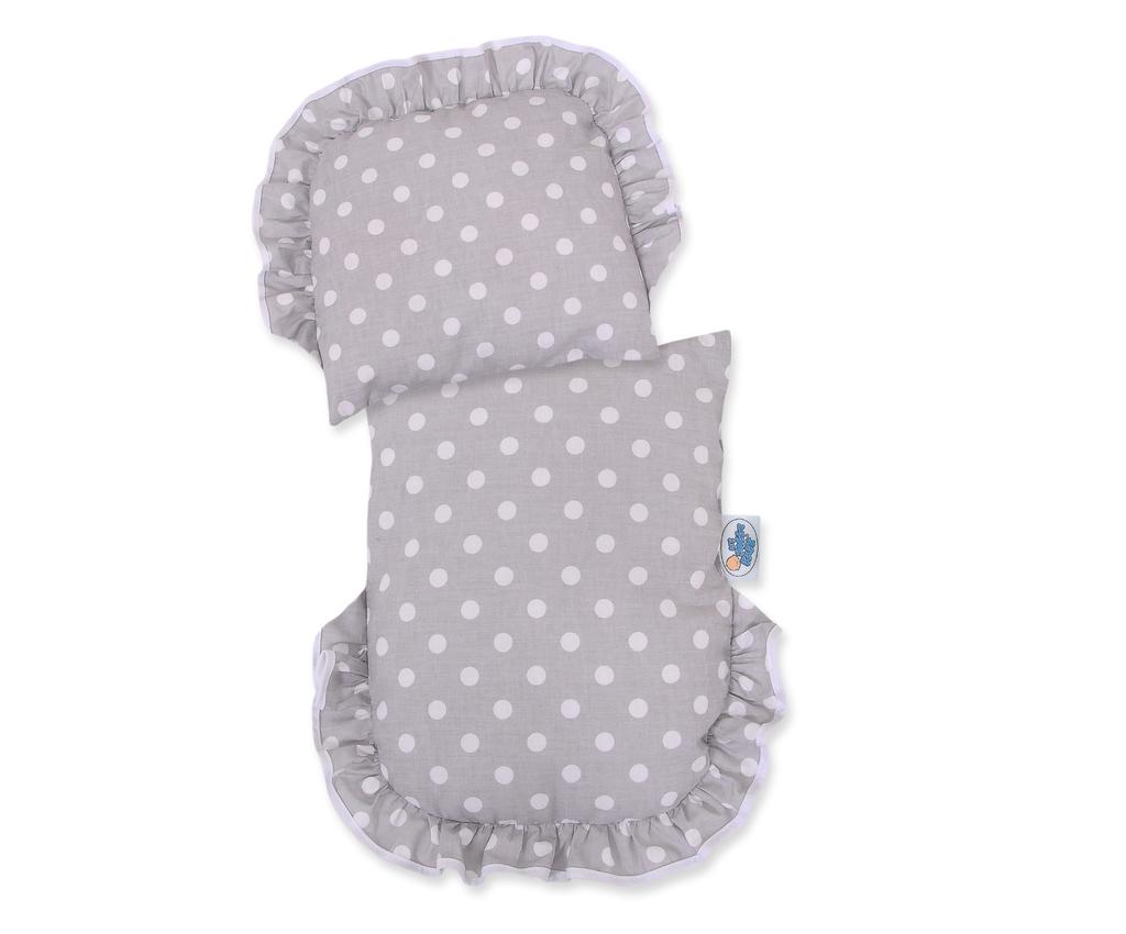 Wicker doll stroller with gray bedding and soft lining - natural