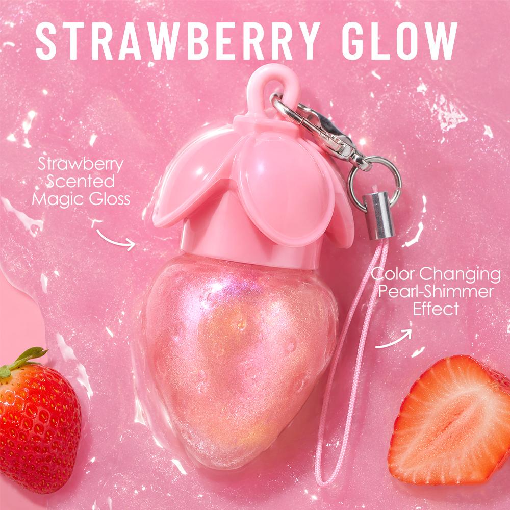 Süßer Erdbeer-Lipgloss mit Schlüsselanhänger-Riemen, Schimmernder Glitzer-Flüssiglippenstift, Feuchtigkeitsspendendes Lip Glow Öl, Pinker Spiegel-Lipliner für das Tägliche Natürliche Make-up